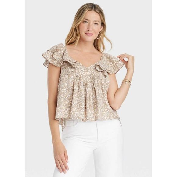Universal Thread Women's Ruffle Short Sleeve Blouse Tan and White Floral Size L - Picture 1 of 6